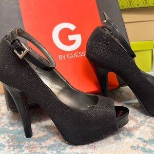 G by Guess Glitter Black Peep Toe Heels